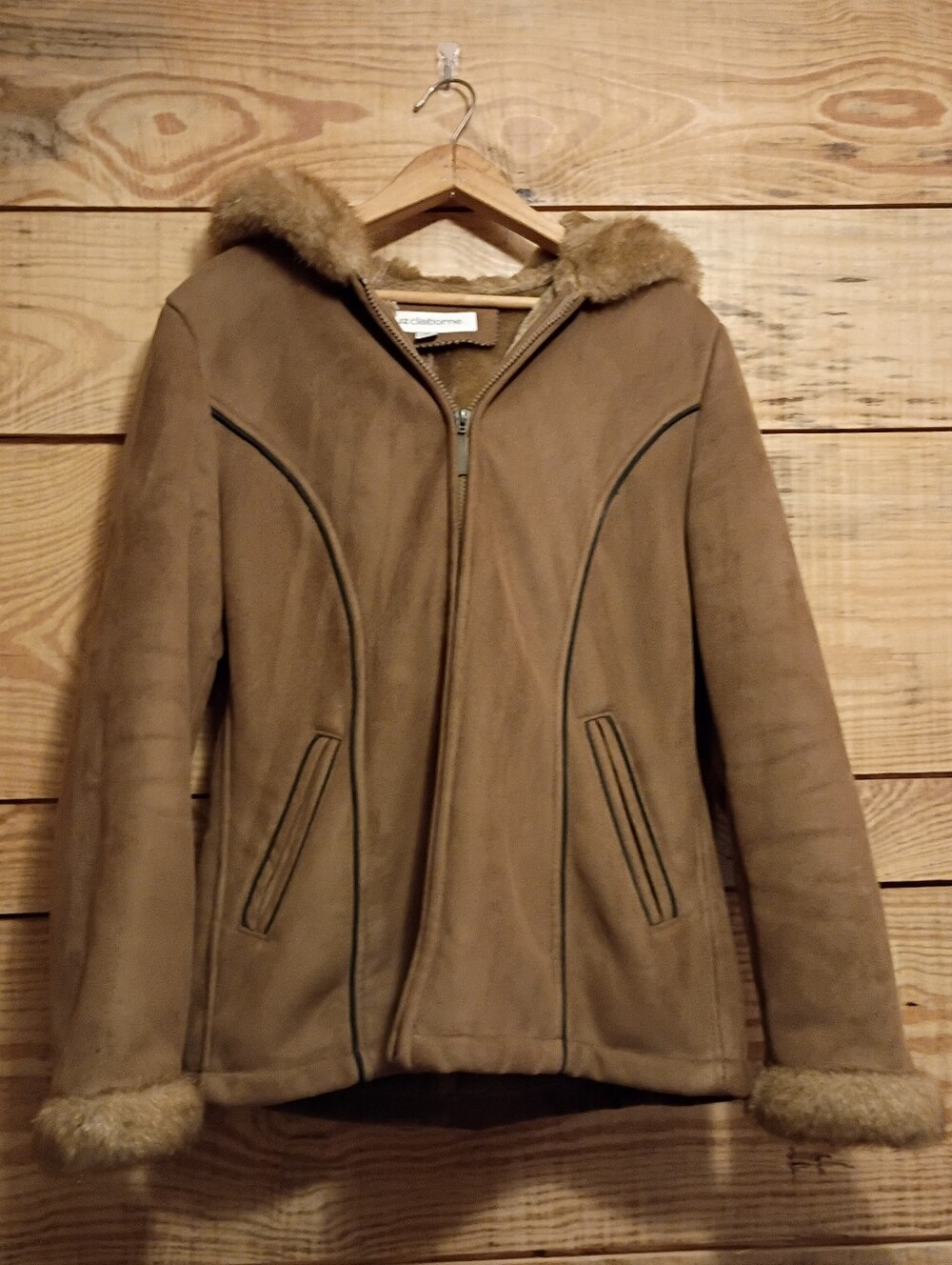 Women’s Penny Lane Style Faux Suede Tan Hooded Coat with Faux Fur Trim
